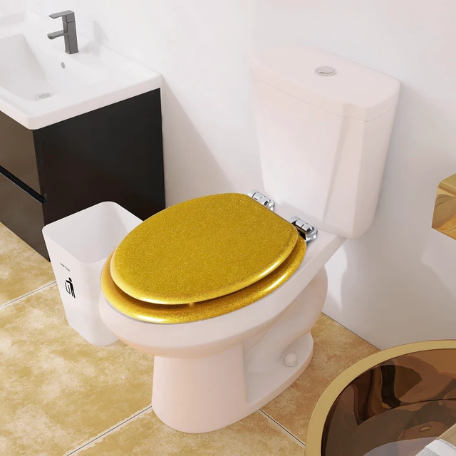 Alt view image 7 of 7 - Glitter Toilet Seat, Slow Close (Round, Gold) Molded Wood Round Toilet Seat, Quiet Close, Quick Release Hinges, Easy to Install and Clean