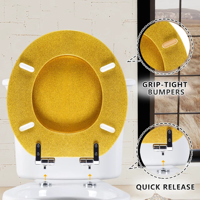 Alt view image 6 of 7 - Glitter Toilet Seat, Slow Close (Round, Gold) Molded Wood Round Toilet Seat, Quiet Close, Quick Release Hinges, Easy to Install and Clean