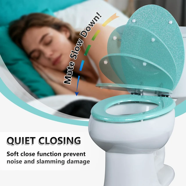 Alt view image 3 of 7 - Glitter Toilet Seat, Slow Close (Elongated, Green) Molded Wood Elongated Toilet Seat, Quiet Close, Quick Release Hinges, Easy to Install and Clean