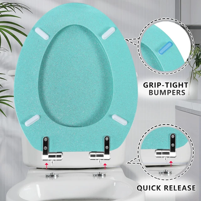Alt view image 4 of 7 - Glitter Toilet Seat, Slow Close (Elongated, Green) Molded Wood Elongated Toilet Seat, Quiet Close, Quick Release Hinges, Easy to Install and Clean