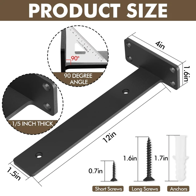 Alt view image 3 of 6 - 4 Pack Heavy Duty Metal Shelf Brackets 12 inch Long,Black L-Shaped Wall Shelf Bracket Hidden & Decorative Shelf Bracket,1/5-Thick,150 lbs of weight capacity