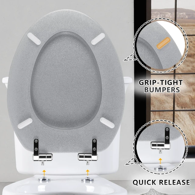 Alt view image 4 of 7 - Glitter Toilet Seat, Slow Close (Elongated, Silver) Molded Wood Elongated Toilet Seat, Quiet Close, Quick Release Hinges, Easy to Install and Clean