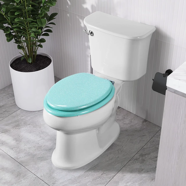 Alt view image 7 of 7 - Glitter Toilet Seat, Slow Close (Elongated, Green) Molded Wood Elongated Toilet Seat, Quiet Close, Quick Release Hinges, Easy to Install and Clean