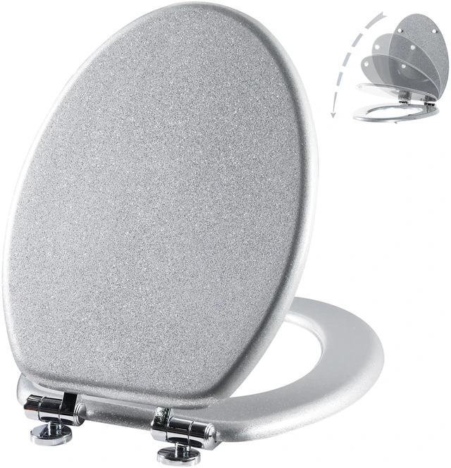 Main image of Glitter Toilet Seat, Slow Close (Elongated, Silver) Molded Wood Elongated Toilet Seat, Quiet Close, Quick Release Hinges, Easy to Install and Clean