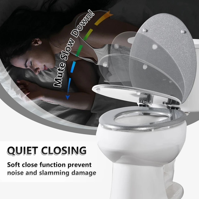 Alt view image 3 of 7 - Glitter Toilet Seat, Slow Close (Elongated, Silver) Molded Wood Elongated Toilet Seat, Quiet Close, Quick Release Hinges, Easy to Install and Clean