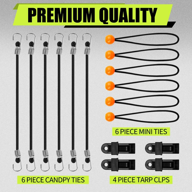 Alt view image 3 of 6 - 30-Piece Heavy-Duty Bungee Cord Assortment with Hooks Latex Cords in 10, 18, 24, 32 and 40 in Sizes, 8 in Canopy Ties and 4 Tarp Clips for Cargo and Camping