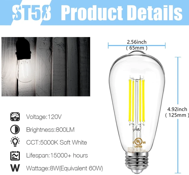 Alt view image 3 of 7 - 24 Pack Vintage LED Edison Bulbs, E26 Led Bulb 60W Equivalent, Dimmable Led Light Bulbs, High Brightness 800 LM Daylight White 5000K, ST58 Antique Filament Bulbs, Clear Glass Style for Home