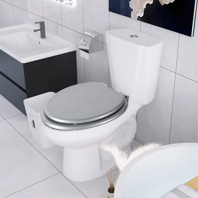 Alt view image 7 of 7 - Glitter Toilet Seat, Slow Close (Elongated, Silver) Molded Wood Elongated Toilet Seat, Quiet Close, Quick Release Hinges, Easy to Install and Clean