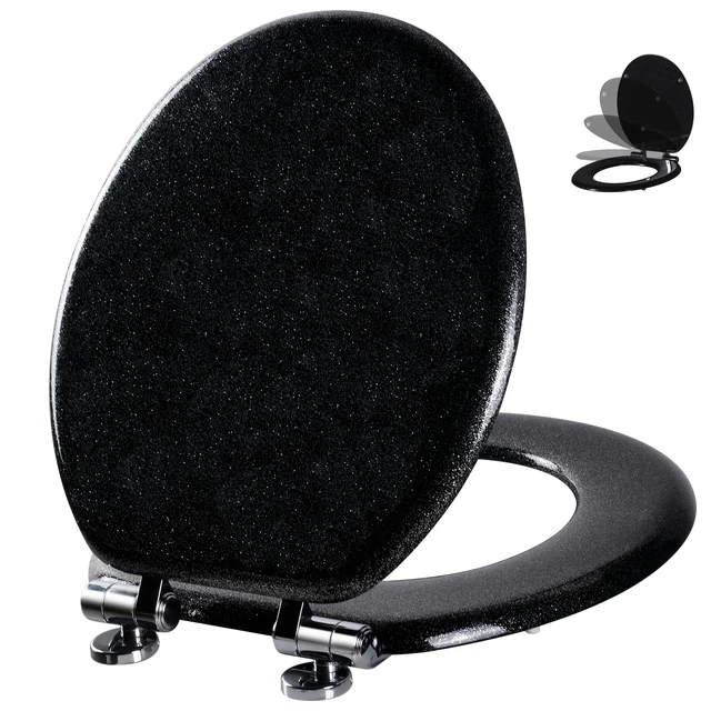Main image of Glitter Toilet Seat, Slow Close (Round, Black) Molded Wood Round Toilet Seat, Quiet Close, Quick Release Hinges, Easy to Install and Clean