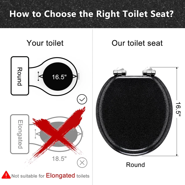 Alt view image 2 of 7 - Glitter Toilet Seat, Slow Close (Round, Black) Molded Wood Round Toilet Seat, Quiet Close, Quick Release Hinges, Easy to Install and Clean