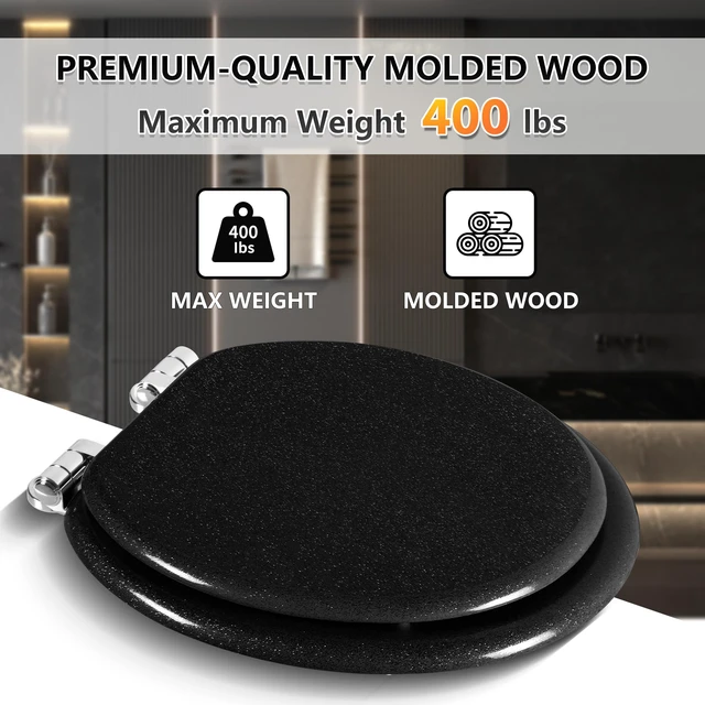 Alt view image 4 of 7 - Glitter Toilet Seat, Slow Close (Round, Black) Molded Wood Round Toilet Seat, Quiet Close, Quick Release Hinges, Easy to Install and Clean