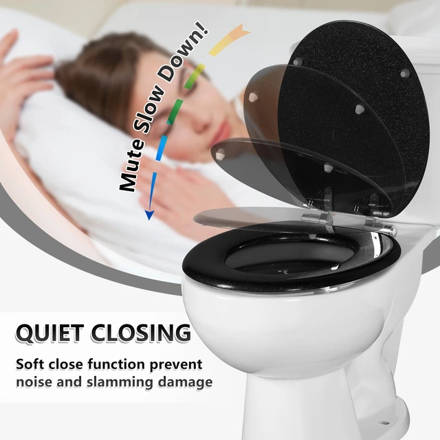 Alt view image 3 of 7 - Glitter Toilet Seat, Slow Close (Round, Black) Molded Wood Round Toilet Seat, Quiet Close, Quick Release Hinges, Easy to Install and Clean