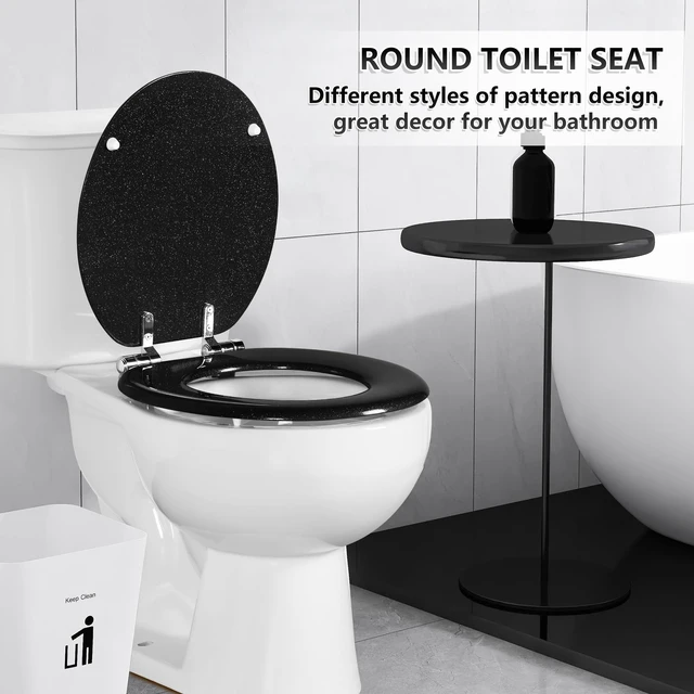 Alt view image 5 of 7 - Glitter Toilet Seat, Slow Close (Round, Black) Molded Wood Round Toilet Seat, Quiet Close, Quick Release Hinges, Easy to Install and Clean