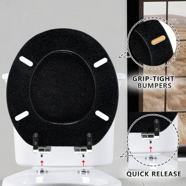 Alt view image 6 of 7 - Glitter Toilet Seat, Slow Close (Round, Black) Molded Wood Round Toilet Seat, Quiet Close, Quick Release Hinges, Easy to Install and Clean