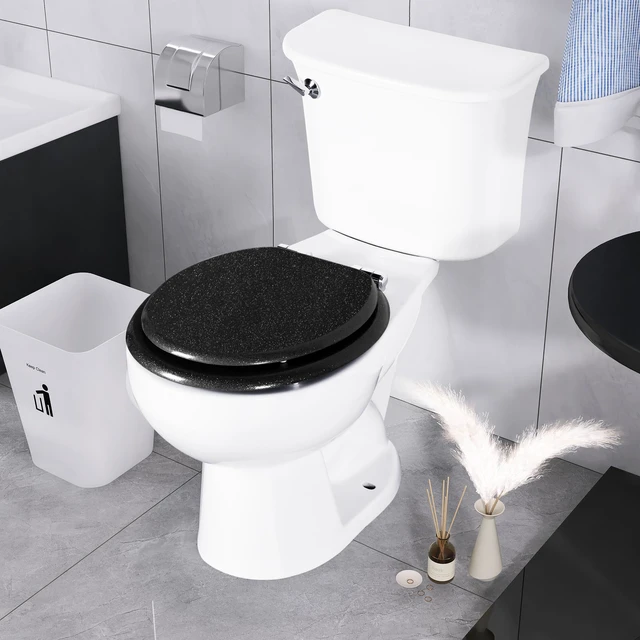 Alt view image 7 of 7 - Glitter Toilet Seat, Slow Close (Round, Black) Molded Wood Round Toilet Seat, Quiet Close, Quick Release Hinges, Easy to Install and Clean
