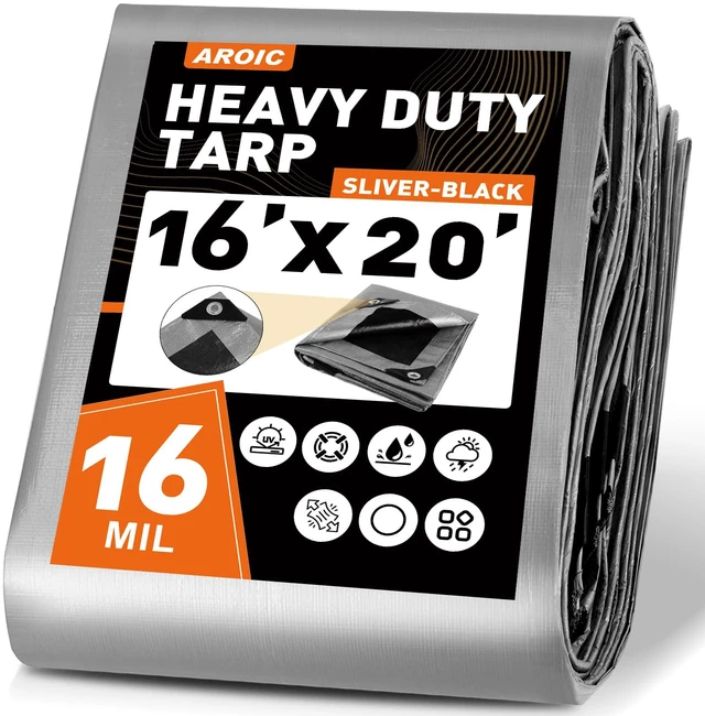 Main image of 16x20 FT Waterproof Tarp, 16 Mil Thick Heavy Duty Cover Reinforced Edges & Rustproof Grommets - UV Resistant Tearproof Tarpaulin for Camping Tent, Pool Cover, Emergency Rain Shelter