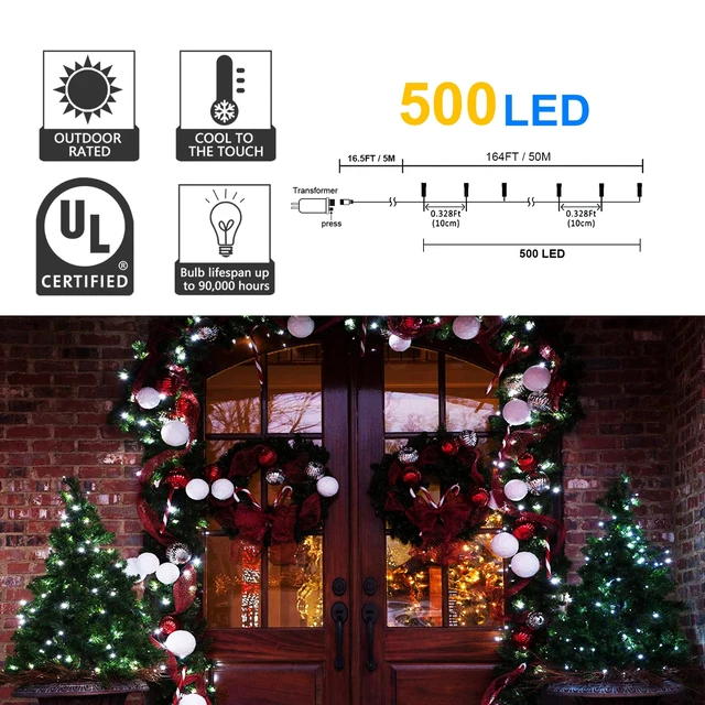 Alt view image 4 of 7 - 164Ft 500 LED White Christmas Lights, Waterproof 8 Twinkle with Memory Functions Christmas Tree Lights for Indoor Outdoor Christmas Tree Garden Decoration (164FT, White)