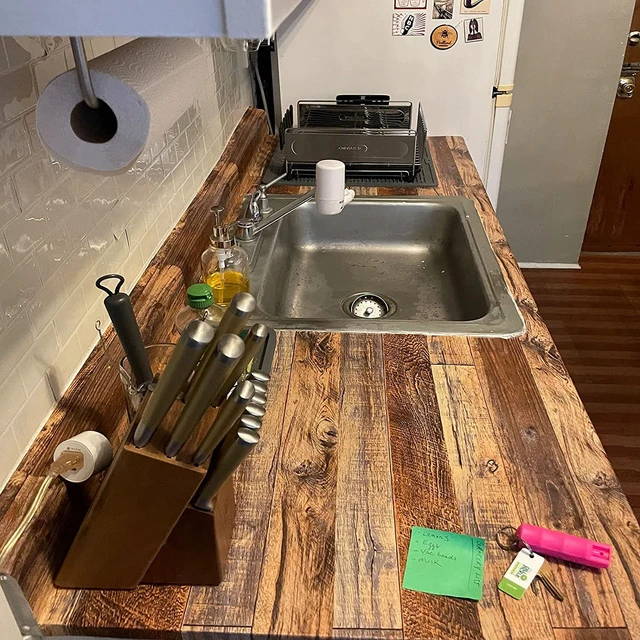Alt view image 4 of 7 - Wood Grain Contact Paper Peel and Stick Wood Look Wallpaper for Countertops 35.4" x 236" Woodgrain Contact Paper Brown Wood Panel Removable Wallpaper Rustic Vinyl Wrap Easy to Install for Wall Cabinet