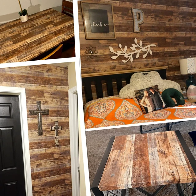 Alt view image 5 of 7 - Wood Grain Contact Paper Peel and Stick Wood Look Wallpaper for Countertops 35.4" x 236" Woodgrain Contact Paper Brown Wood Panel Removable Wallpaper Rustic Vinyl Wrap Easy to Install for Wall Cabinet