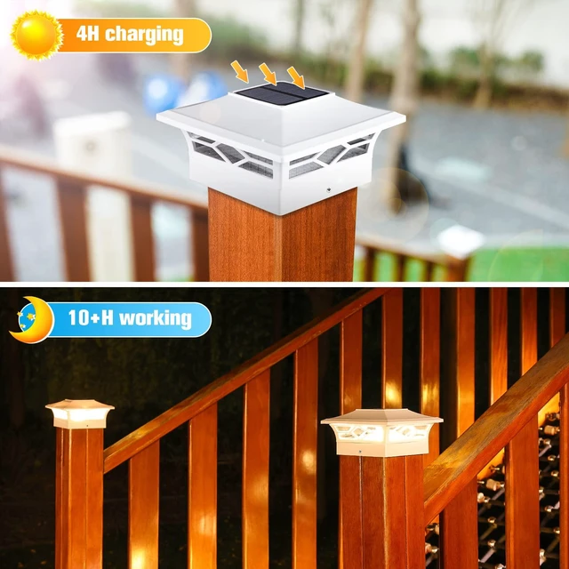 Alt view image 3 of 6 - 4Pack Solar Post Cap Lights, 2 Color Modes Deck Lights, White Waterproof solar lights fit 4x4/6x6 wooden & 4x4/5x5 vinyl posts, suitable for dock, fence, patio outdoor decorative lighting