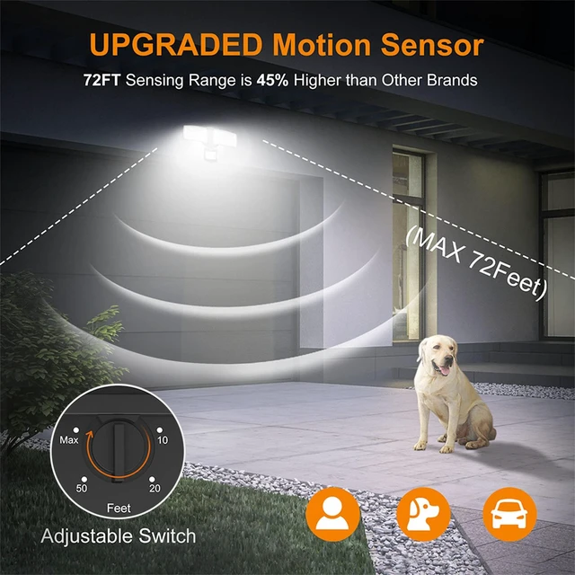 Alt view image 4 of 7 - Hardwired LED Security Lights Motion Sensor Outdoor, 40W 4000LM 5500K Daylight, 72 FT Range & 180° Detection, Easy to Install, IP65 Waterproof, 2 Head Flood Light for Garage, Yard, Porch