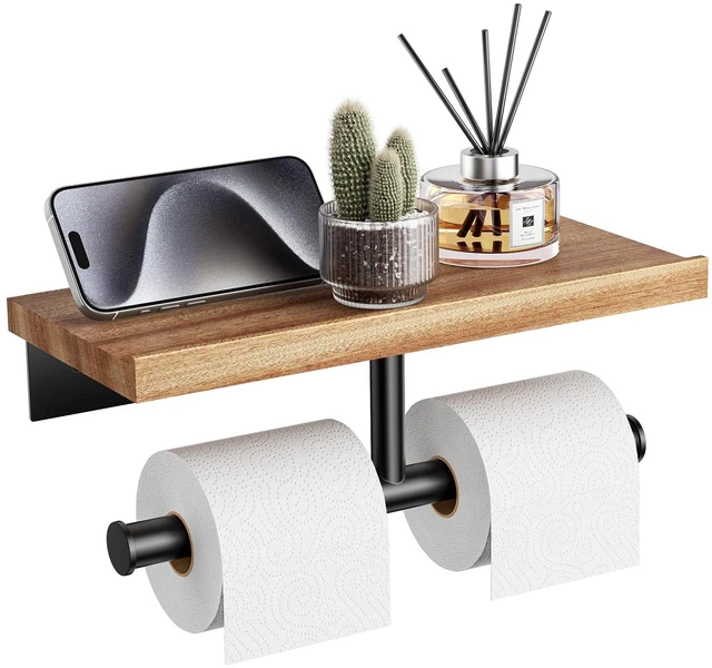 Main image of Double Toilet Paper Holder with Wood Shelf, Wooden Wall Mount Toilet Paper Roll Holder, Matte Black Stainless Steel Bathroom Toilet Tissue Holder (Sapele, Matte Black)