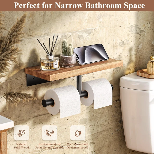 Alt view image 2 of 5 - Double Toilet Paper Holder with Wood Shelf, Wooden Wall Mount Toilet Paper Roll Holder, Matte Black Stainless Steel Bathroom Toilet Tissue Holder (Sapele, Matte Black)