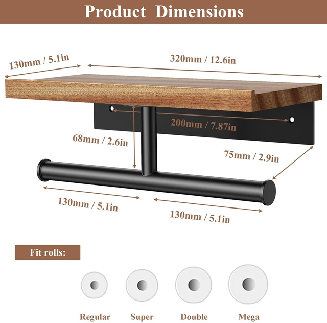 Alt view image 3 of 5 - Double Toilet Paper Holder with Wood Shelf, Wooden Wall Mount Toilet Paper Roll Holder, Matte Black Stainless Steel Bathroom Toilet Tissue Holder (Sapele, Matte Black)