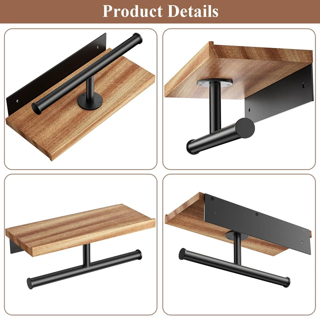 Alt view image 5 of 5 - Double Toilet Paper Holder with Wood Shelf, Wooden Wall Mount Toilet Paper Roll Holder, Matte Black Stainless Steel Bathroom Toilet Tissue Holder (Sapele, Matte Black)