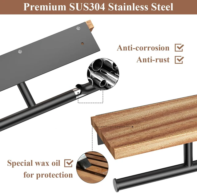 Alt view image 4 of 5 - Double Toilet Paper Holder with Wood Shelf, Wooden Wall Mount Toilet Paper Roll Holder, Matte Black Stainless Steel Bathroom Toilet Tissue Holder (Sapele, Matte Black)