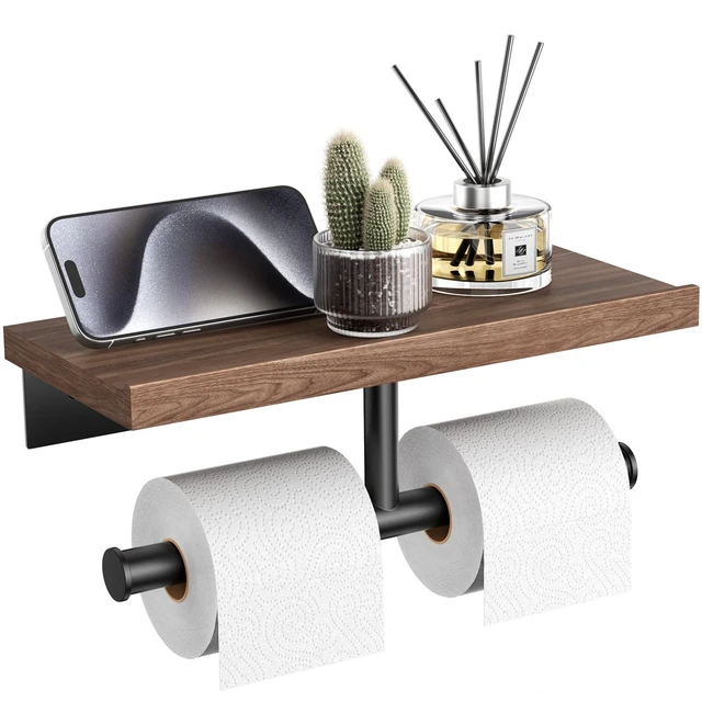 Main image of Double Toilet Paper Holder with Wood Shelf, Wooden Wall Mount Toilet Paper Roll Holder, Matte Black Stainless Steel Bathroom Toilet Tissue Holder (Walnut)