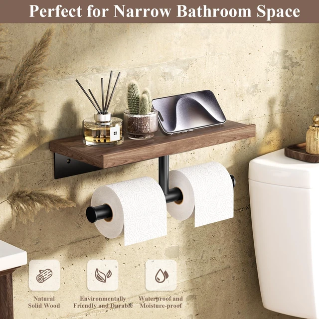Alt view image 2 of 5 - Double Toilet Paper Holder with Wood Shelf, Wooden Wall Mount Toilet Paper Roll Holder, Matte Black Stainless Steel Bathroom Toilet Tissue Holder (Walnut)