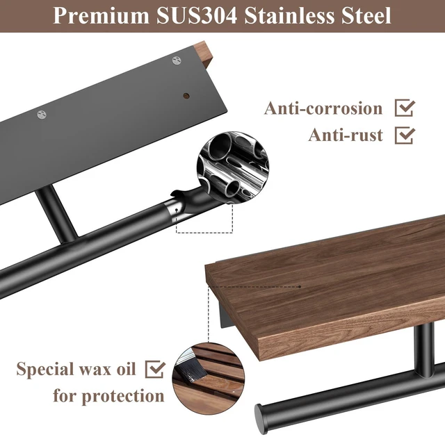 Alt view image 4 of 5 - Double Toilet Paper Holder with Wood Shelf, Wooden Wall Mount Toilet Paper Roll Holder, Matte Black Stainless Steel Bathroom Toilet Tissue Holder (Walnut)