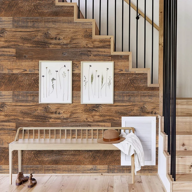 Alt view image 6 of 7 - Wood Grain Contact Paper Peel and Stick Wood Look Wallpaper for Countertops 35.4" x 236" Woodgrain Contact Paper Brown Wood Panel Removable Wallpaper Rustic Vinyl Wrap Easy to Install for Wall Cabinet