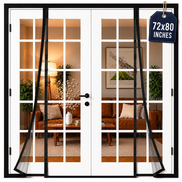 Main image of French Door Magnetic Screen Door - Self Sealing, Heavy Duty, Hands Free Mesh Partition Keeps Bugs Out - Pet and Kid Friendly - Patent Pending Keep Open Feature - 74 Inch x 81 Inch