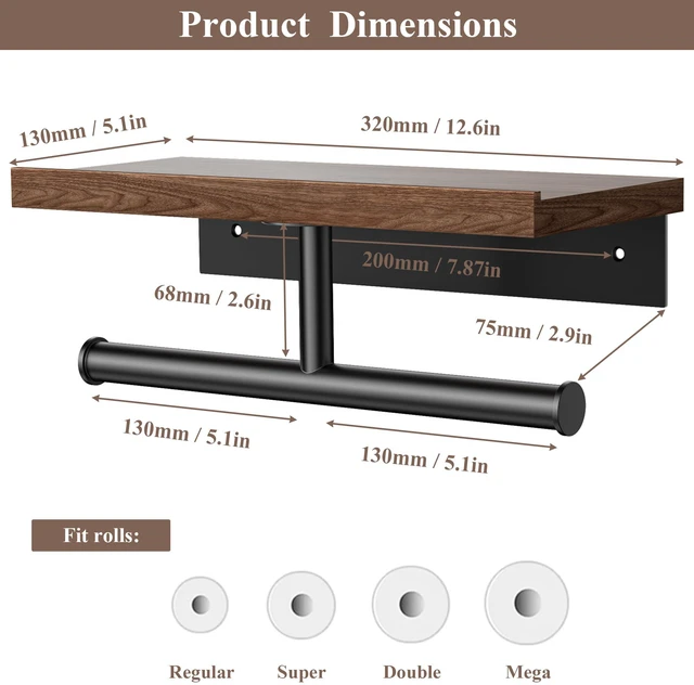 Alt view image 3 of 5 - Double Toilet Paper Holder with Wood Shelf, Wooden Wall Mount Toilet Paper Roll Holder, Matte Black Stainless Steel Bathroom Toilet Tissue Holder (Walnut)