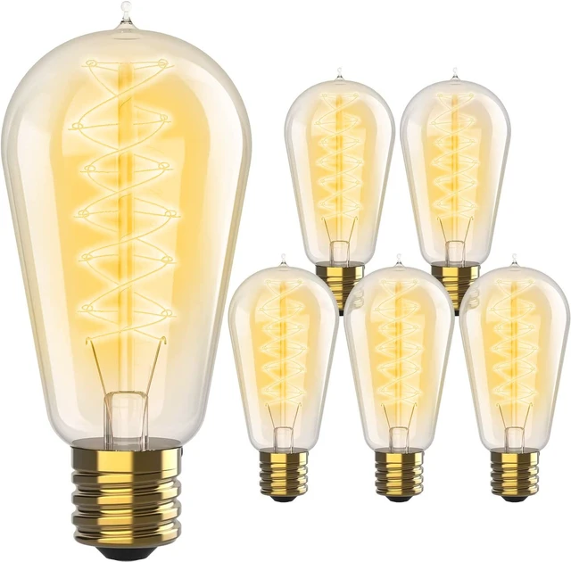Main image of Vintage Incandescent Edison Light Bulbs, 60W, E26/E27 Base, 2100K Dimmable Decorative Lights, ST58 Style Warm Glow, Antique Spiral Filament for Outdoor and Indoor Use - 6 Pack