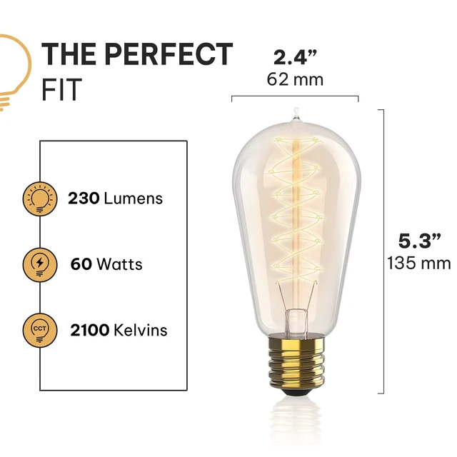 Alt view image 2 of 7 - Vintage Incandescent Edison Light Bulbs, 60W, E26/E27 Base, 2100K Dimmable Decorative Lights, ST58 Style Warm Glow, Antique Spiral Filament for Outdoor and Indoor Use - 6 Pack