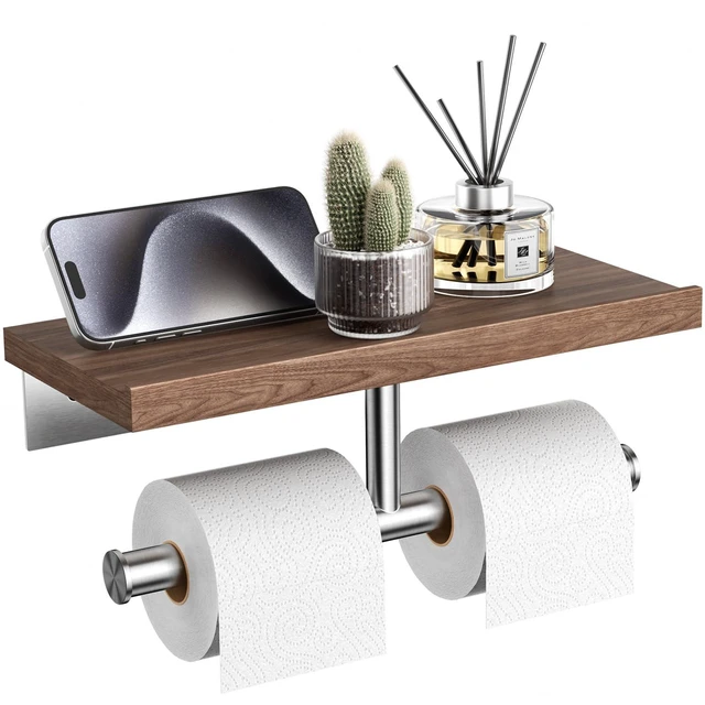 Main image of Rustic Double Toilet Paper Holder with Walnut Wood Shelf, Farmhouse Toilet Paper Holder Brushed Nickel Stainless Steel Bathroom Tissue Roll Holder