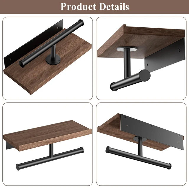 Alt view image 5 of 5 - Double Toilet Paper Holder with Wood Shelf, Wooden Wall Mount Toilet Paper Roll Holder, Matte Black Stainless Steel Bathroom Toilet Tissue Holder (Walnut)