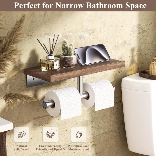 Alt view image 2 of 5 - Rustic Double Toilet Paper Holder with Walnut Wood Shelf, Farmhouse Toilet Paper Holder Brushed Nickel Stainless Steel Bathroom Tissue Roll Holder