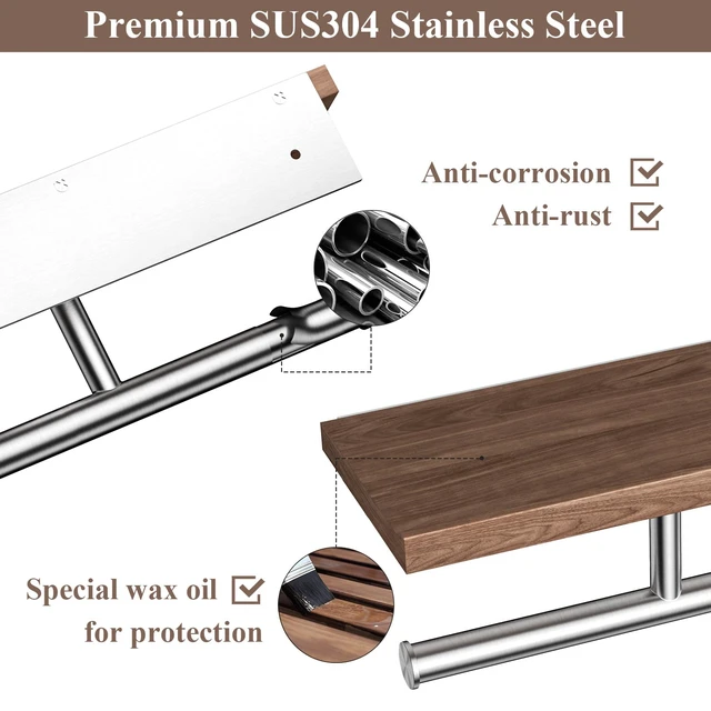 Alt view image 4 of 5 - Rustic Double Toilet Paper Holder with Walnut Wood Shelf, Farmhouse Toilet Paper Holder Brushed Nickel Stainless Steel Bathroom Tissue Roll Holder