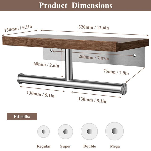 Alt view image 3 of 5 - Rustic Double Toilet Paper Holder with Walnut Wood Shelf, Farmhouse Toilet Paper Holder Brushed Nickel Stainless Steel Bathroom Tissue Roll Holder