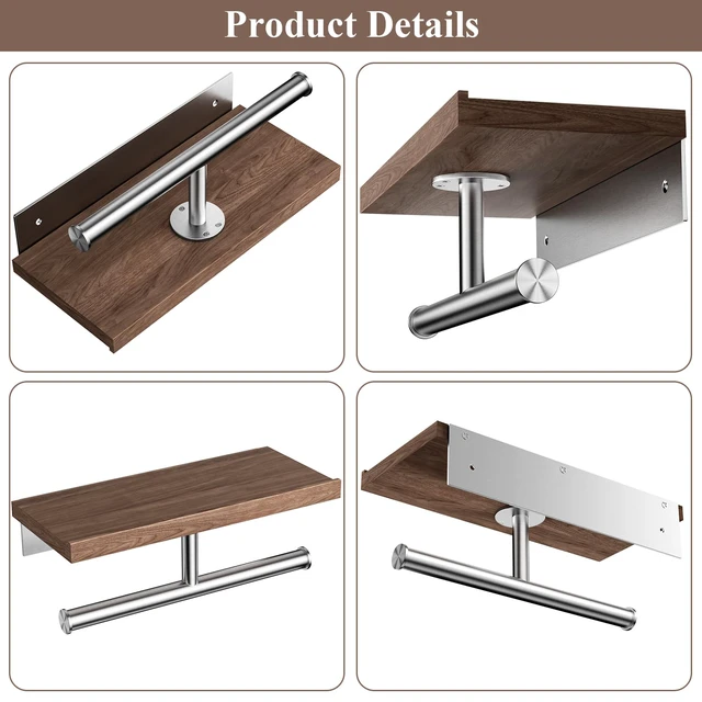 Alt view image 5 of 5 - Rustic Double Toilet Paper Holder with Walnut Wood Shelf, Farmhouse Toilet Paper Holder Brushed Nickel Stainless Steel Bathroom Tissue Roll Holder