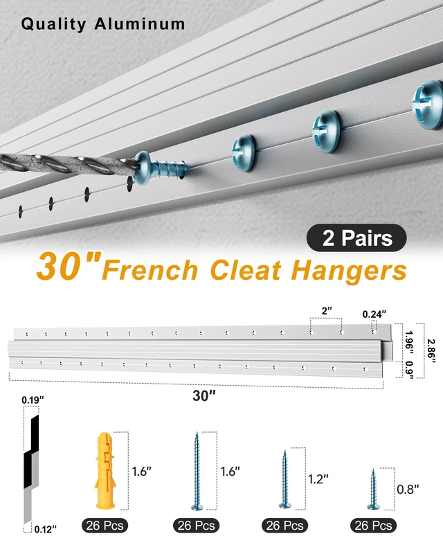 Alt view image 2 of 7 - French Cleat 30 inch, 2 Pairs Heavy Duty Aluminum Z Clips/Bar Hanger Interlocking Wall Mounting Bracket Hardware Kit for Hanging Mirrors, Picture, Shelf, Headboard, Cabinet, Whiteboard, Art, Frames