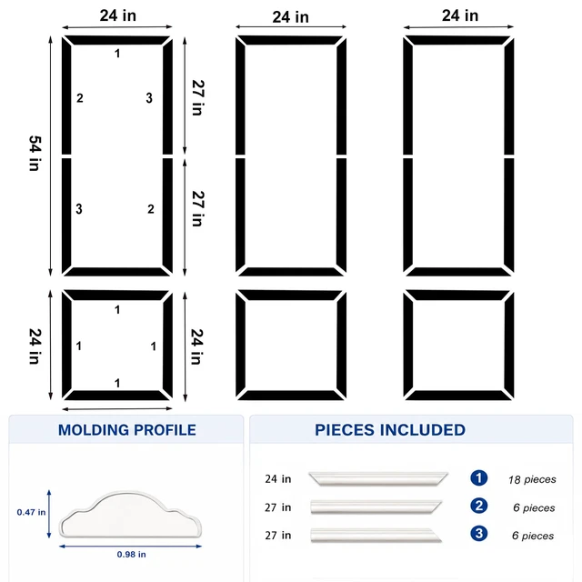 Alt view image 2 of 7 - Peel and Stick Wall Molding Kit,Pre Cut Accent Wainscoting Panels,24x54in 3 Sets,Self Adhesive,Paintable,PVC,Premade