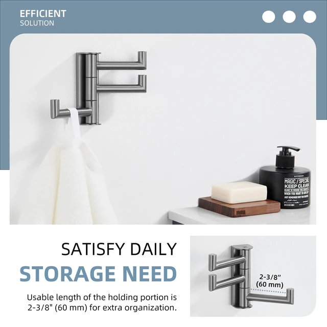 Alt view image 4 of 7 - Swivel Hook 3 Arms, Towel Hook for Bathroom, Gunmetal Gray SUS304 Stainless Steel, Foldable Hand Towel Holder, Compact & Heavy Duty for Shower Closet Kitchen, Screws Wall Mount