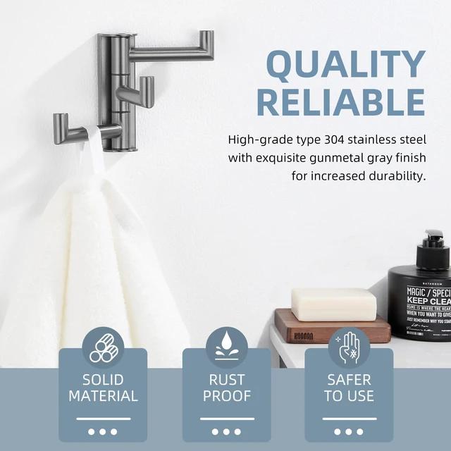 Alt view image 5 of 7 - Swivel Hook 3 Arms, Towel Hook for Bathroom, Gunmetal Gray SUS304 Stainless Steel, Foldable Hand Towel Holder, Compact & Heavy Duty for Shower Closet Kitchen, Screws Wall Mount