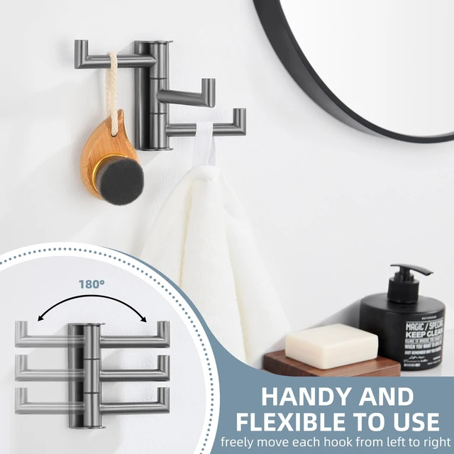 Alt view image 6 of 7 - Swivel Hook 3 Arms, Towel Hook for Bathroom, Gunmetal Gray SUS304 Stainless Steel, Foldable Hand Towel Holder, Compact & Heavy Duty for Shower Closet Kitchen, Screws Wall Mount