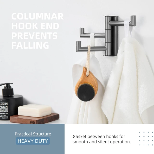 Alt view image 7 of 7 - Swivel Hook 3 Arms, Towel Hook for Bathroom, Gunmetal Gray SUS304 Stainless Steel, Foldable Hand Towel Holder, Compact & Heavy Duty for Shower Closet Kitchen, Screws Wall Mount